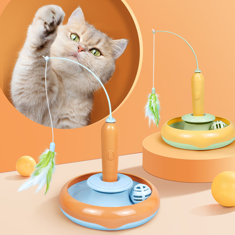2-in-1 Interactive Cat Toy with Feather – Spinning Turntable & Self-Play Fun for Active Cats