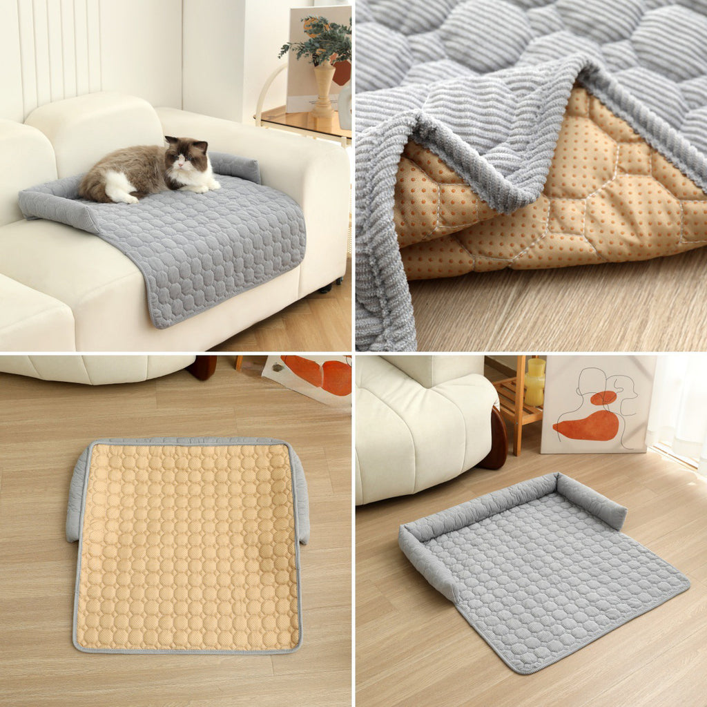 Corduroy Calming Pet Bed & Blanket Mat with Neck Pillow – Soft, Thick Dog & Cat Nest for Home, Car & Outdoor Use
